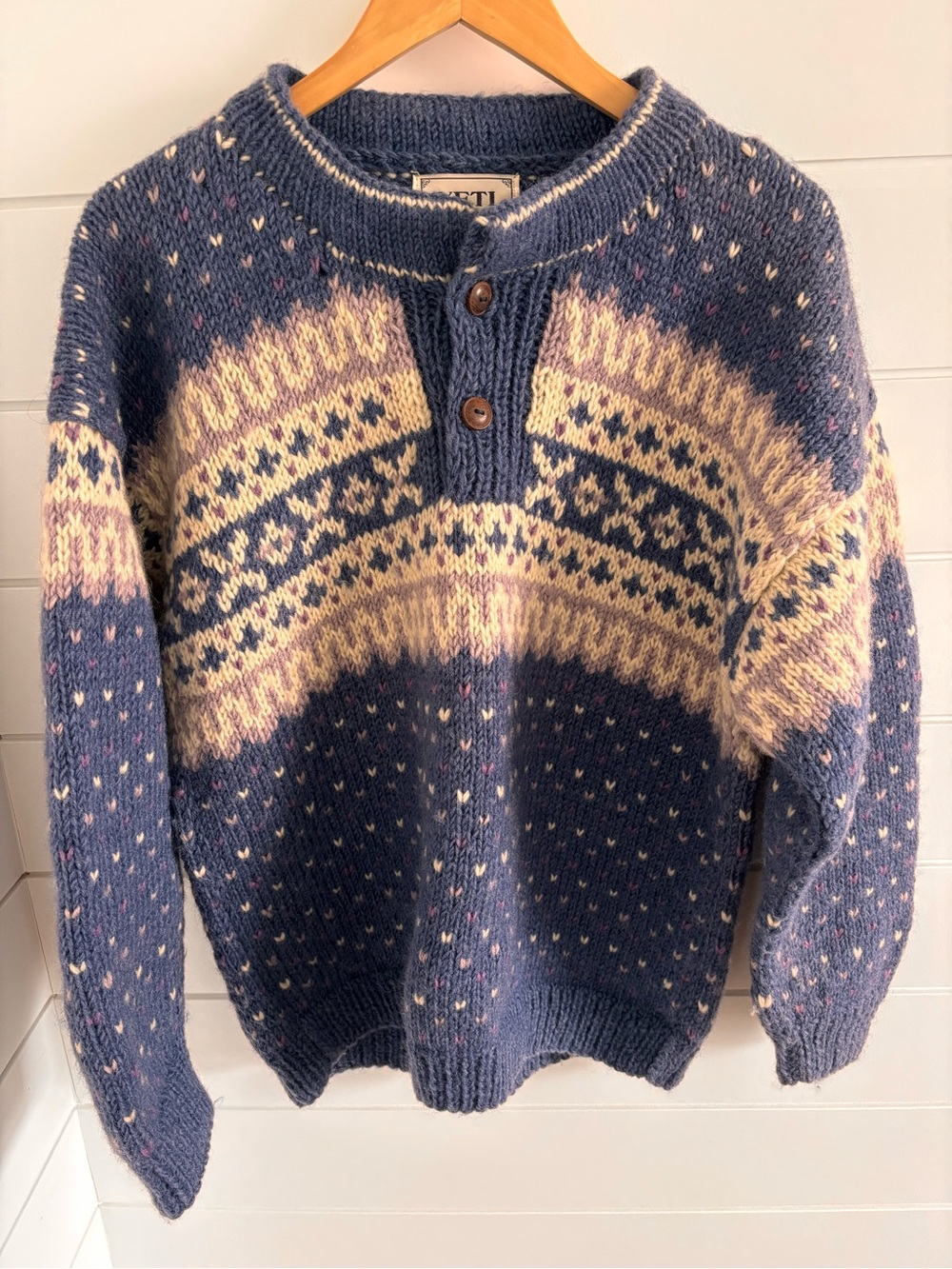 Vintage YETI Hand Knit Wool Sweater Henley Fair Isle Blue Cream Medium